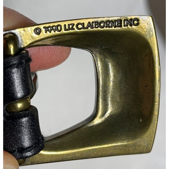 1990 Liz Claiborne Belt Black Leather Brass Buckle 1" Preppy Career Women L - Picture 4 of 9